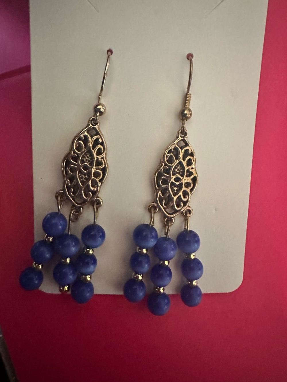 Fashion Nova Royal Blue Beaded Filigree Drop Earrings - Picture 3 of 3